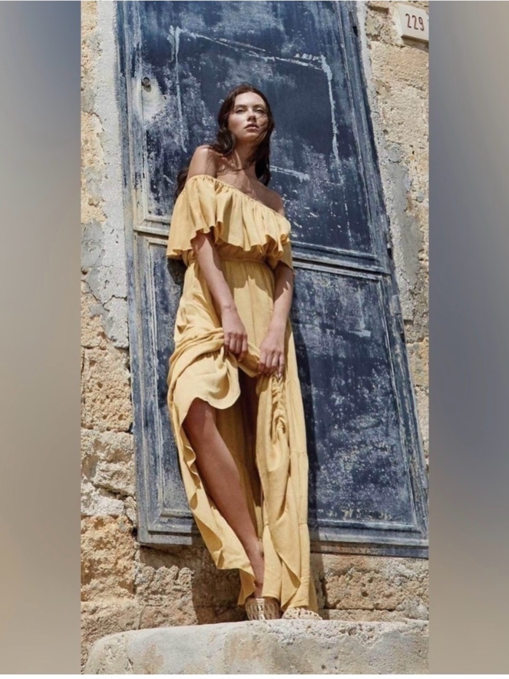 Elan Mustard Yellow Maxi Dress with Flutter Sleeve or Off-the-Shoulder